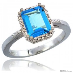 10K White Gold Natural Swiss Blue Topaz Ring Emerald-shape 8x6 Stone Diamond Accent