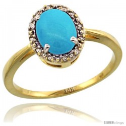 14k Yellow Gold Diamond Halo Turquoise Ring 1.2 ct Oval Stone 8x6 mm, 1/2 in wide