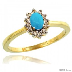 14k Yellow Gold Diamond Halo Turquoise Ring 0.25 ct Oval Stone 5x3 mm, 5/16 in wide