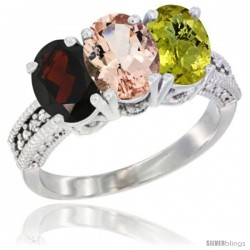 14K White Gold Natural Garnet, Morganite & Lemon Quartz Ring 3-Stone 7x5 mm Oval Diamond Accent