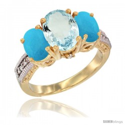 14K Yellow Gold Ladies 3-Stone Oval Natural Aquamarine Ring with Turquoise Sides Diamond Accent