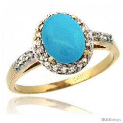 14k Yellow Gold Diamond Sleeping Beauty Turquoise Ring Oval Stone 8x6 mm 1.17 ct 3/8 in wide