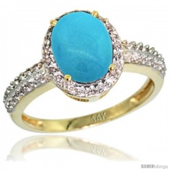 14k Yellow Gold Diamond Sleeping Beauty Turquoise Ring Oval Stone 9x7 mm 1.76 ct 1/2 in wide