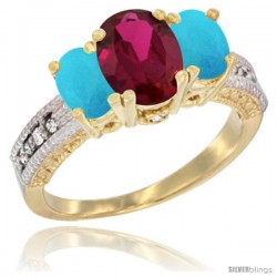 14k Yellow Gold Ladies Oval Natural Ruby 3-Stone Ring with Turquoise Sides Diamond Accent