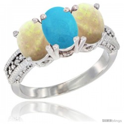 14K White Gold Natural Turquoise & Opal Sides Ring 3-Stone 7x5 mm Oval Diamond Accent