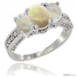 14k White Gold Ladies Oval Natural Opal 3-Stone Ring Diamond Accent