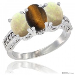 14K White Gold Natural Tiger Eye & Opal Sides Ring 3-Stone 7x5 mm Oval Diamond Accent