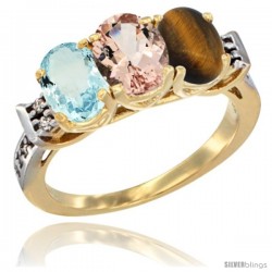 10K Yellow Gold Natural Aquamarine, Morganite & Tiger Eye Ring 3-Stone Oval 7x5 mm Diamond Accent