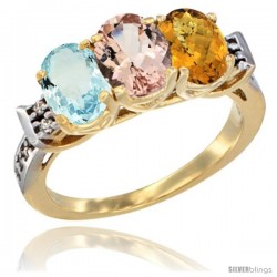 10K Yellow Gold Natural Aquamarine, Morganite & Whisky Quartz Ring 3-Stone Oval 7x5 mm Diamond Accent