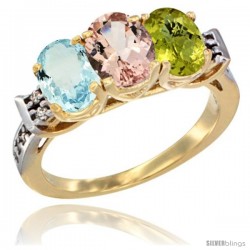 10K Yellow Gold Natural Aquamarine, Morganite & Lemon Quartz Ring 3-Stone Oval 7x5 mm Diamond Accent