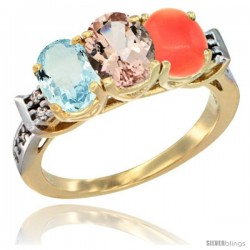 10K Yellow Gold Natural Aquamarine, Morganite & Coral Ring 3-Stone Oval 7x5 mm Diamond Accent
