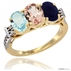 10K Yellow Gold Natural Aquamarine, Morganite & Lapis Ring 3-Stone Oval 7x5 mm Diamond Accent