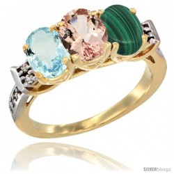 10K Yellow Gold Natural Aquamarine, Morganite & Malachite Ring 3-Stone Oval 7x5 mm Diamond Accent