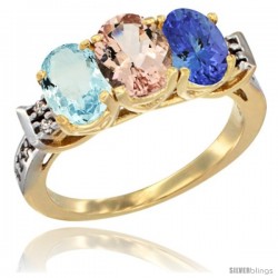 10K Yellow Gold Natural Aquamarine, Morganite & Tanzanite Ring 3-Stone Oval 7x5 mm Diamond Accent