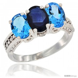 10K White Gold Natural Blue Sapphire & Swiss Blue Topaz Sides Ring 3-Stone Oval 7x5 mm Diamond Accent