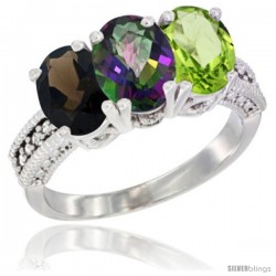 14K White Gold Natural Smoky Topaz, Mystic Topaz & Peridot Ring 3-Stone 7x5 mm Oval Diamond Accent