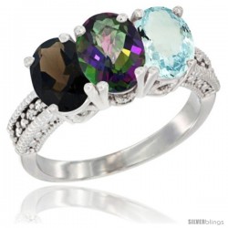 14K White Gold Natural Smoky Topaz, Mystic Topaz & Aquamarine Ring 3-Stone 7x5 mm Oval Diamond Accent