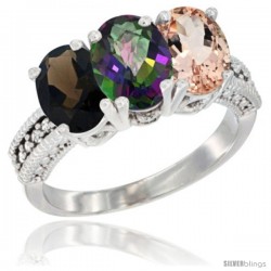 14K White Gold Natural Smoky Topaz, Mystic Topaz & Morganite Ring 3-Stone 7x5 mm Oval Diamond Accent