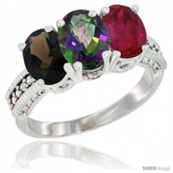 14K White Gold Natural Smoky Topaz, Mystic Topaz & Ruby Ring 3-Stone 7x5 mm Oval Diamond Accent