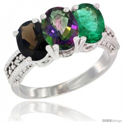 14K White Gold Natural Smoky Topaz, Mystic Topaz & Emerald Ring 3-Stone 7x5 mm Oval Diamond Accent