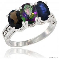 14K White Gold Natural Smoky Topaz, Mystic Topaz & Blue Sapphire Ring 3-Stone 7x5 mm Oval Diamond Accent