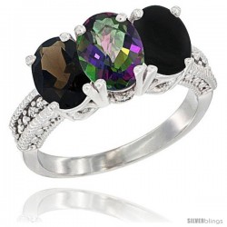 14K White Gold Natural Smoky Topaz, Mystic Topaz & Black Onyx Ring 3-Stone 7x5 mm Oval Diamond Accent