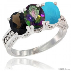 14K White Gold Natural Smoky Topaz, Mystic Topaz & Turquoise Ring 3-Stone 7x5 mm Oval Diamond Accent