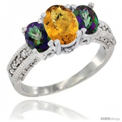 10K White Gold Ladies Oval Natural Whisky Quartz 3-Stone Ring with Mystic Topaz Sides Diamond Accent