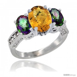 10K White Gold Ladies Natural Whisky Quartz Oval 3 Stone Ring with Mystic Topaz Sides Diamond Accent