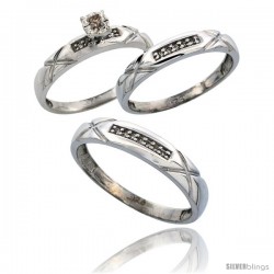 Sterling Silver 3-Piece Trio His (4mm) & Hers (3.5mm) Diamond Wedding Band Set, w/ 0.13 Carat Brilliant Cut Diamonds