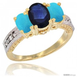 14k Yellow Gold Ladies Oval Natural Blue Sapphire 3-Stone Ring with Turquoise Sides Diamond Accent