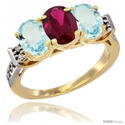 10K Yellow Gold Natural Ruby & Aquamarine Sides Ring 3-Stone Oval 7x5 mm Diamond Accent