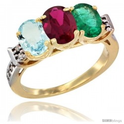 10K Yellow Gold Natural Aquamarine, Ruby & Emerald Ring 3-Stone Oval 7x5 mm Diamond Accent