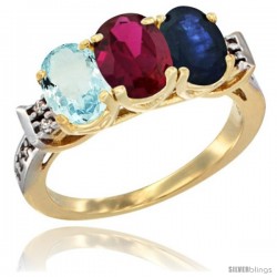 10K Yellow Gold Natural Aquamarine, Ruby & Blue Sapphire Ring 3-Stone Oval 7x5 mm Diamond Accent