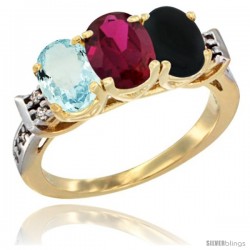 10K Yellow Gold Natural Aquamarine, Ruby & Black Onyx Ring 3-Stone Oval 7x5 mm Diamond Accent