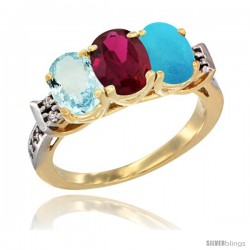 10K Yellow Gold Natural Aquamarine, Ruby & Turquoise Ring 3-Stone Oval 7x5 mm Diamond Accent