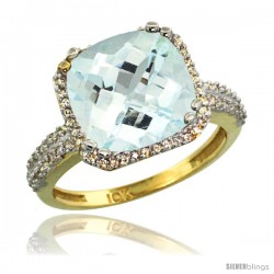 10k Yellow Gold Diamond Halo Aquamarine Ring Checkerboard Cushion 11 mm 5.85 ct 1/2 in wide