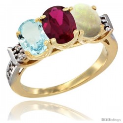 10K Yellow Gold Natural Aquamarine, Ruby & Opal Ring 3-Stone Oval 7x5 mm Diamond Accent