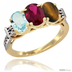 10K Yellow Gold Natural Aquamarine, Ruby & Tiger Eye Ring 3-Stone Oval 7x5 mm Diamond Accent