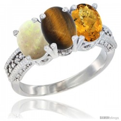 14K White Gold Natural Opal, Tiger Eye & Whisky Quartz Ring 3-Stone 7x5 mm Oval Diamond Accent