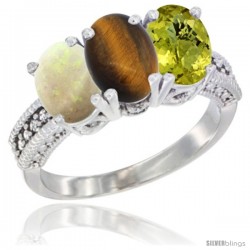 14K White Gold Natural Opal, Tiger Eye & Lemon Quartz Ring 3-Stone 7x5 mm Oval Diamond Accent