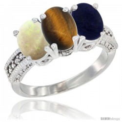 14K White Gold Natural Opal, Tiger Eye & Lapis Ring 3-Stone 7x5 mm Oval Diamond Accent