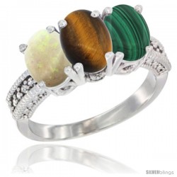 14K White Gold Natural Opal, Tiger Eye & Malachite Ring 3-Stone 7x5 mm Oval Diamond Accent