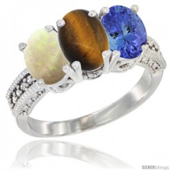 14K White Gold Natural Opal, Tiger Eye & Tanzanite Ring 3-Stone 7x5 mm Oval Diamond Accent