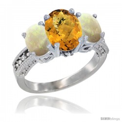 14K White Gold Ladies 3-Stone Oval Natural Whisky Quartz Ring with Opal Sides Diamond Accent