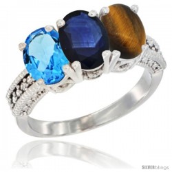 10K White Gold Natural Swiss Blue Topaz, Blue Sapphire & Tiger Eye Ring 3-Stone Oval 7x5 mm Diamond Accent
