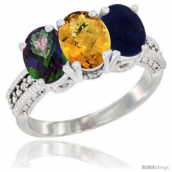 10K White Gold Natural Mystic Topaz, Whisky Quartz & Lapis Ring 3-Stone Oval 7x5 mm Diamond Accent