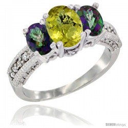 10K White Gold Ladies Oval Natural Lemon Quartz 3-Stone Ring with Mystic Topaz Sides Diamond Accent