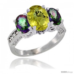 10K White Gold Ladies Natural Lemon Quartz Oval 3 Stone Ring with Mystic Topaz Sides Diamond Accent