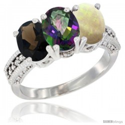 14K White Gold Natural Smoky Topaz, Mystic Topaz & Opal Ring 3-Stone 7x5 mm Oval Diamond Accent